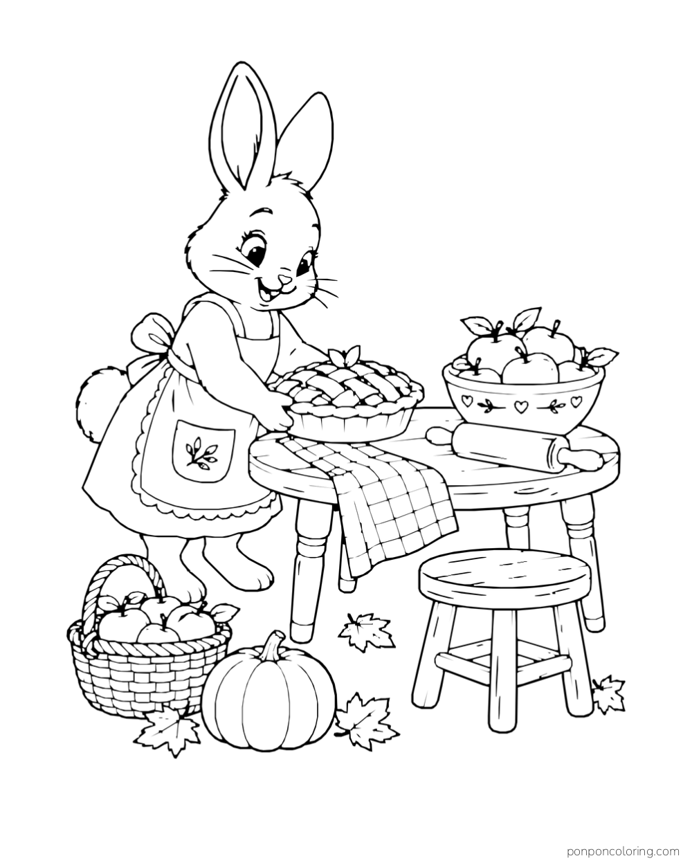 A rabbit in an apron holds an apple pie at a table with apples, a rolling pin, a pumpkin, and fallen leaves.
