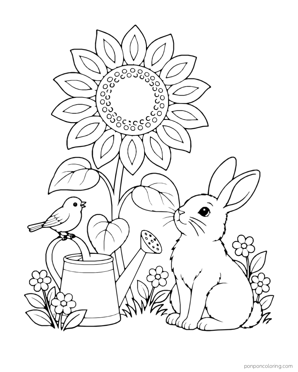 A rabbit looks up at a tall sunflower beside a small bird perched on a watering can.