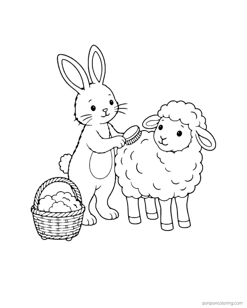A rabbit brushes a sheep beside a basket of wool.
