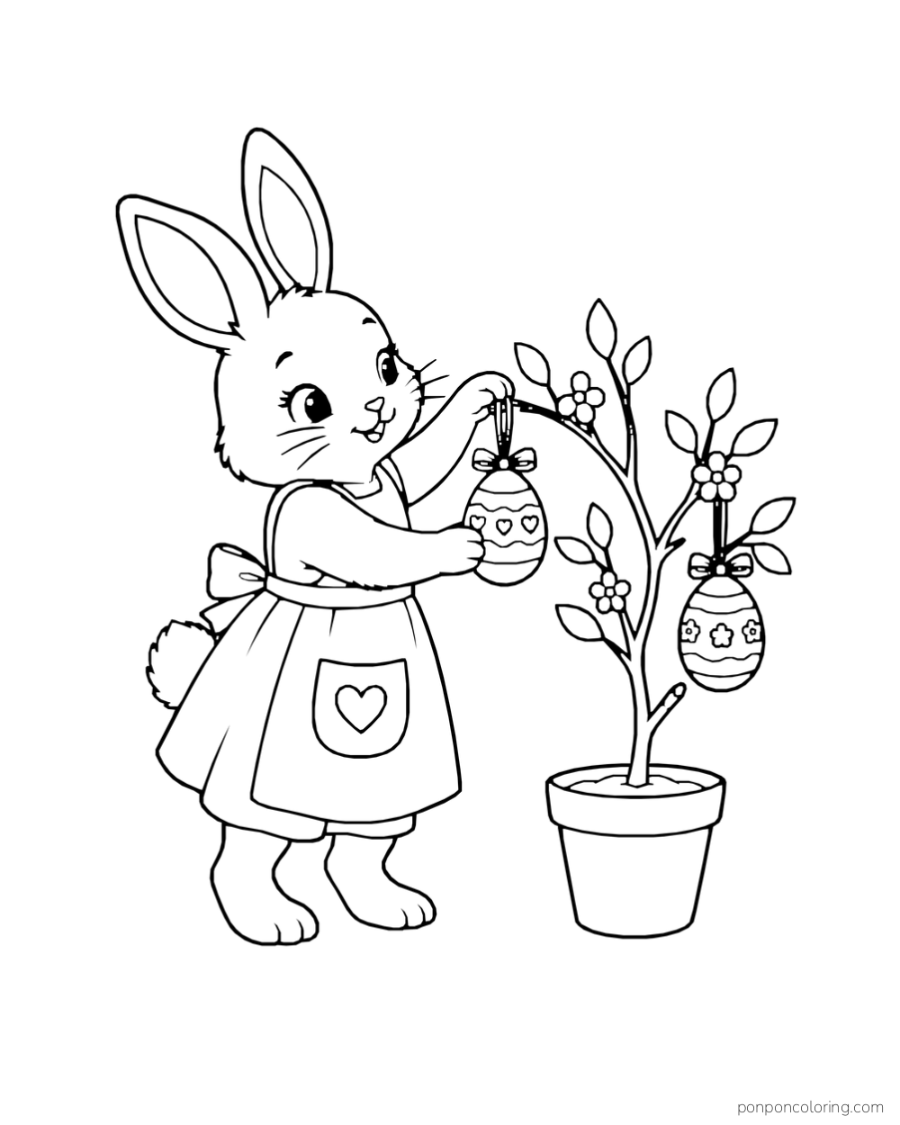 A rabbit in a heart-pocket apron hangs decorated eggs from a flowering potted branch.