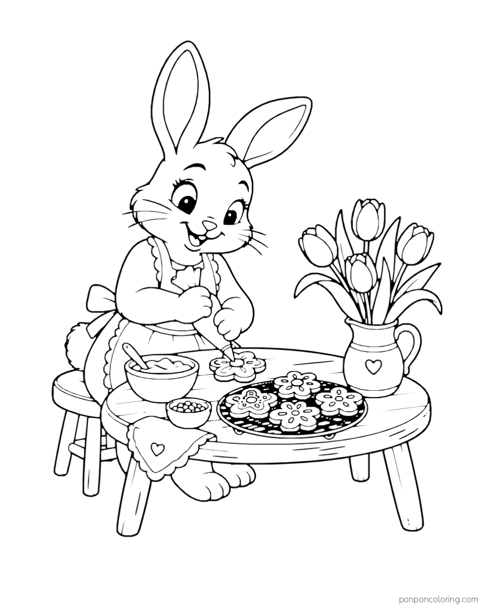 A rabbit decorates flower-shaped cookies at a low table beside a pitcher of tulips.