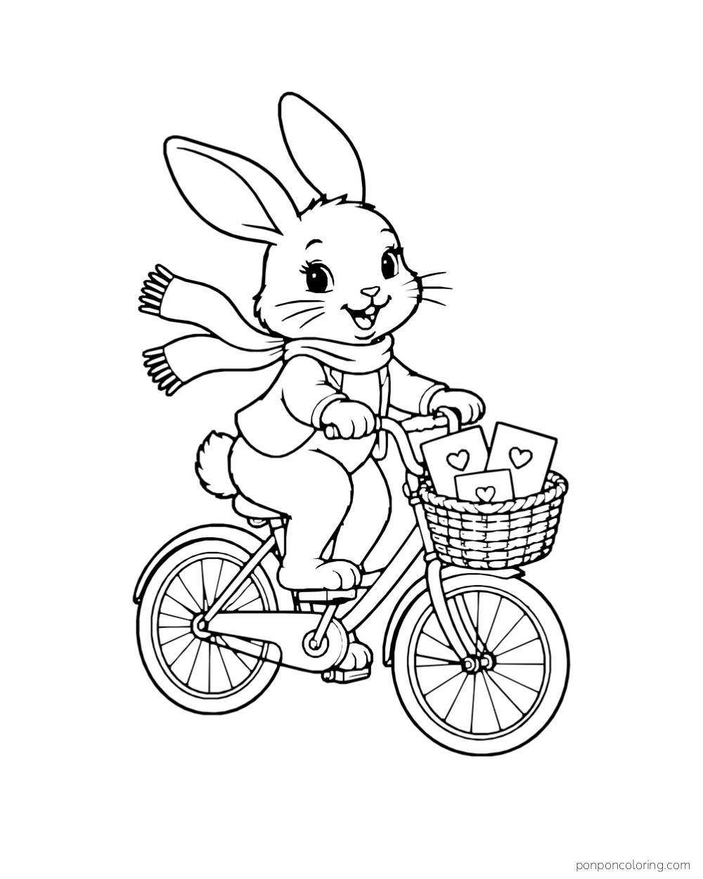A rabbit wearing a scarf rides a bicycle with heart-sealed cards in the front basket.