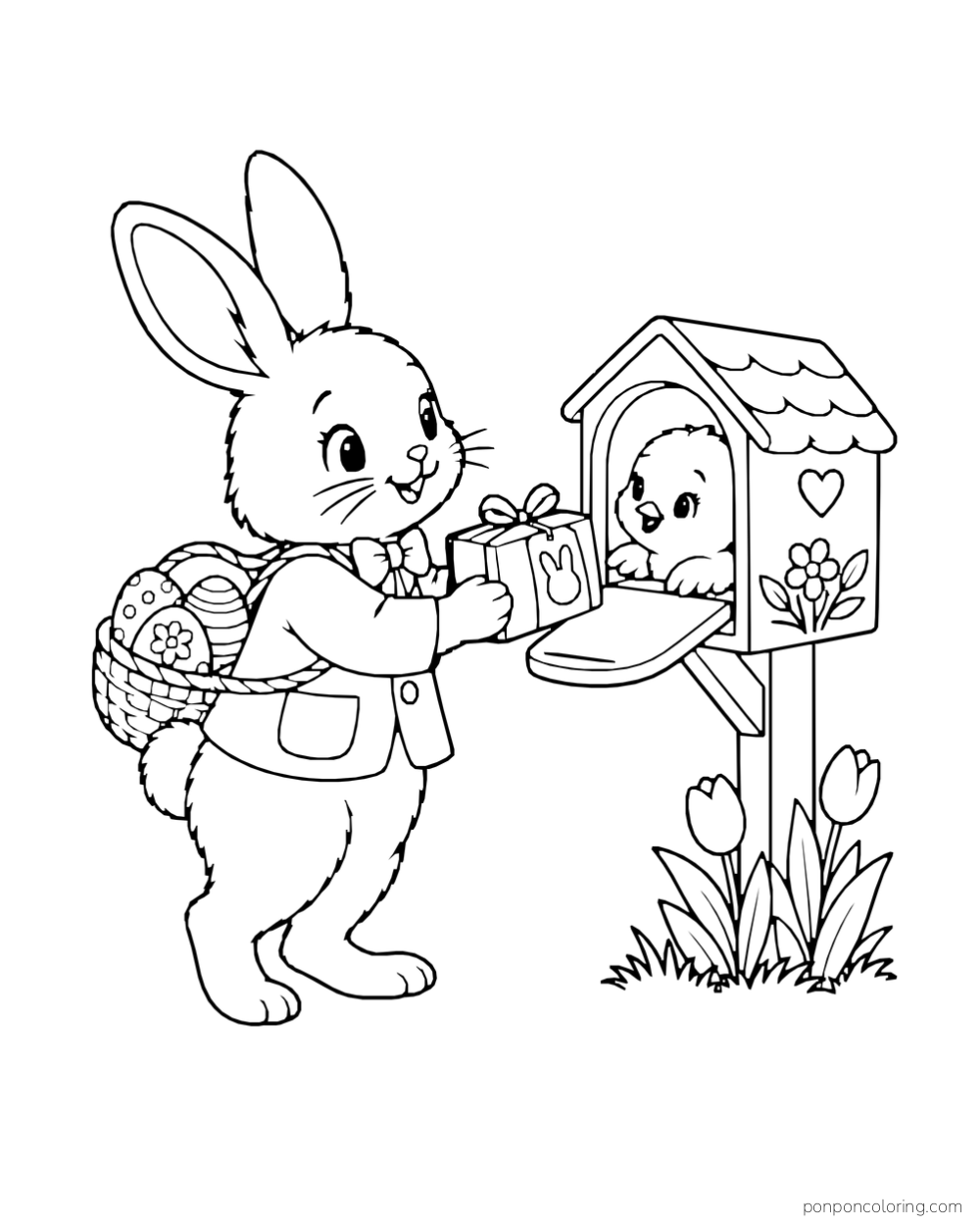 A rabbit with a basket of eggs delivers a ribboned gift to a chick in a flower-decorated birdhouse.