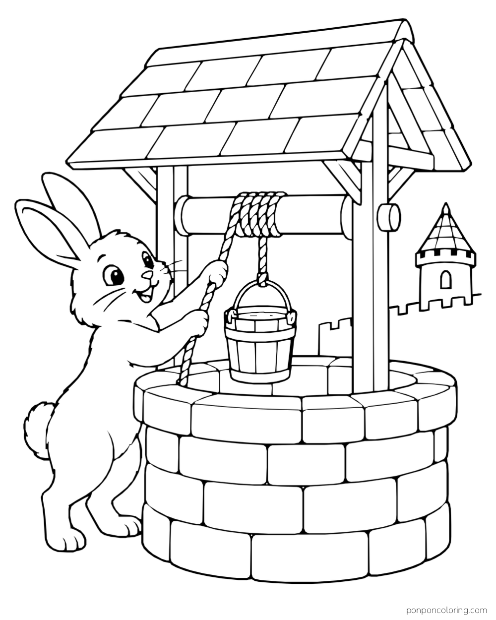 A rabbit pulling the rope at a roofed stone well with a bucket hanging over its opening.