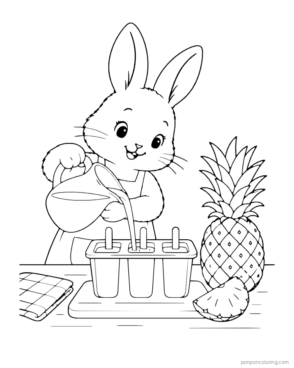 Rabbit ladling mixture into an ice-pop mold beside a whole pineapple and cut piece.