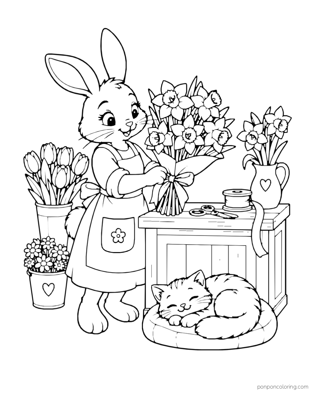 A rabbit ties a daffodil bouquet at a low counter beside a cat sleeping on a cushion.