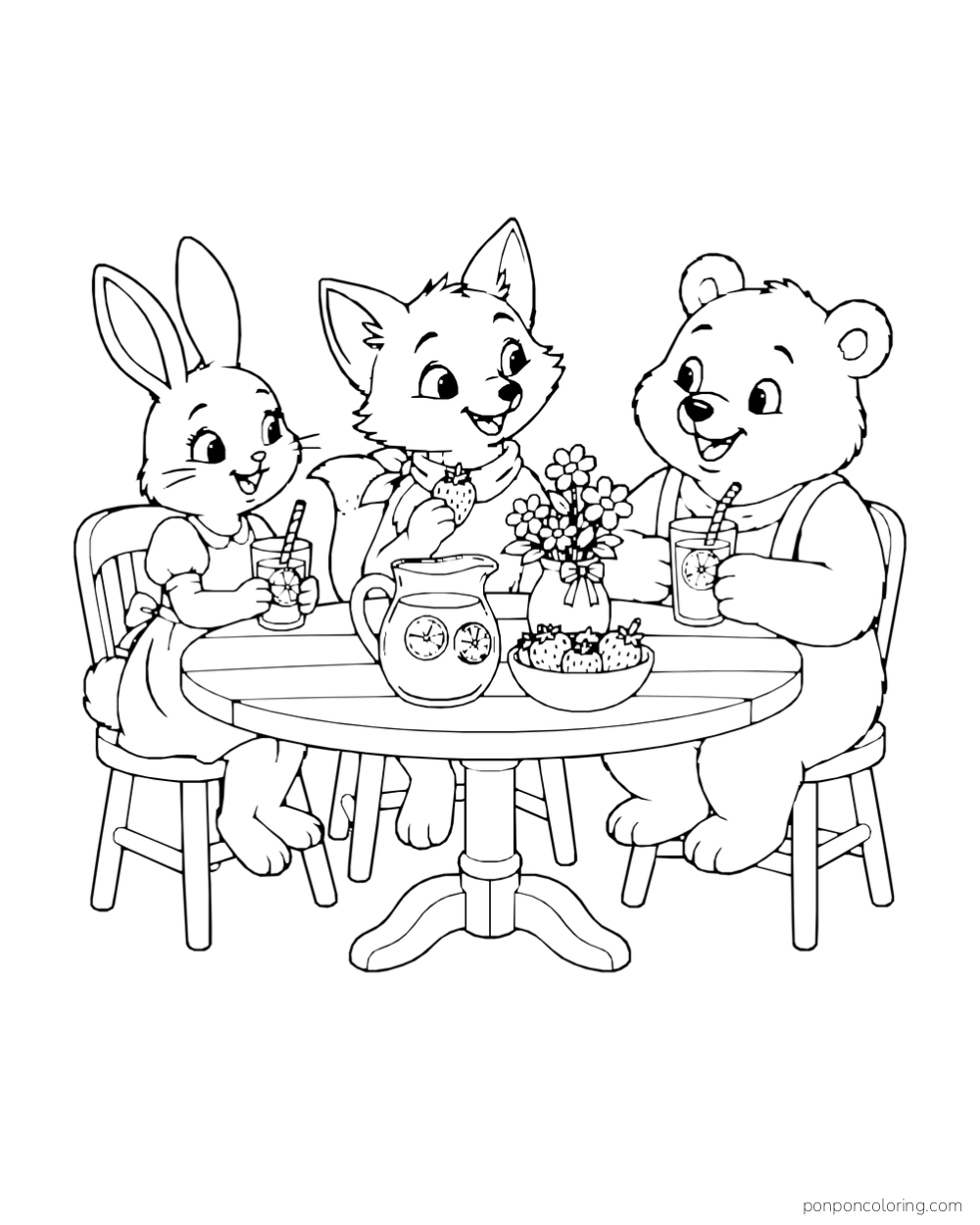 A rabbit, fox and bear gather at a round table with lemonade, strawberries and a flower vase.