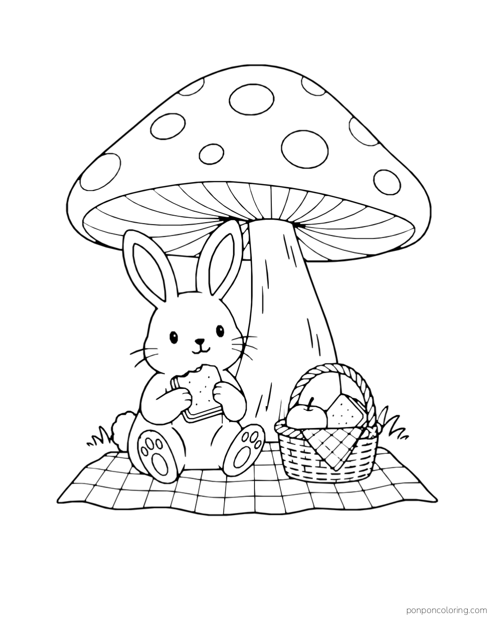 A rabbit eats a sandwich on a checked blanket beneath a large spotted mushroom.