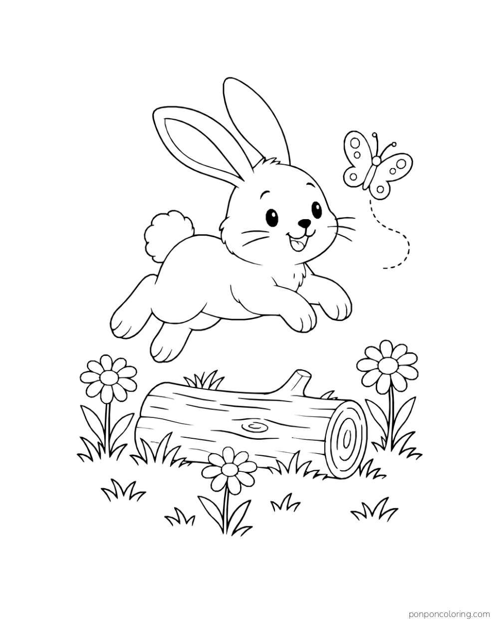 A rabbit hopping above a fallen log with a butterfly and three daisies.