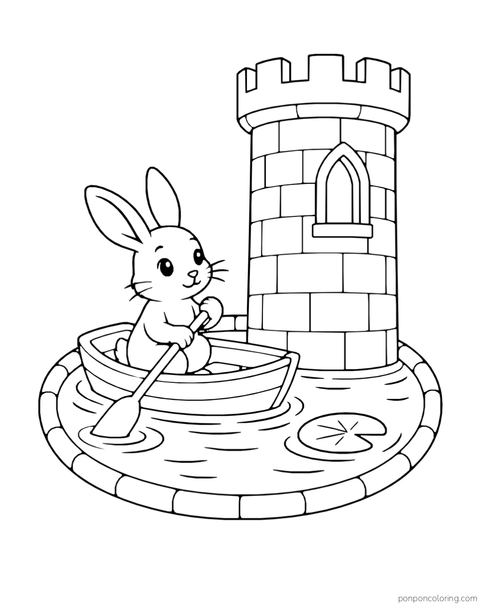 A rabbit rowing a small boat in a round moat beside a stone tower and a lily pad.