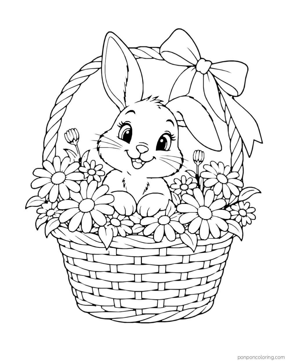 A rabbit peeks out of a woven basket filled with daisies and tied with a bow.