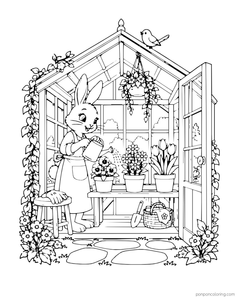 A rabbit waters potted flowers inside a small greenhouse with an open door and climbing plants.
