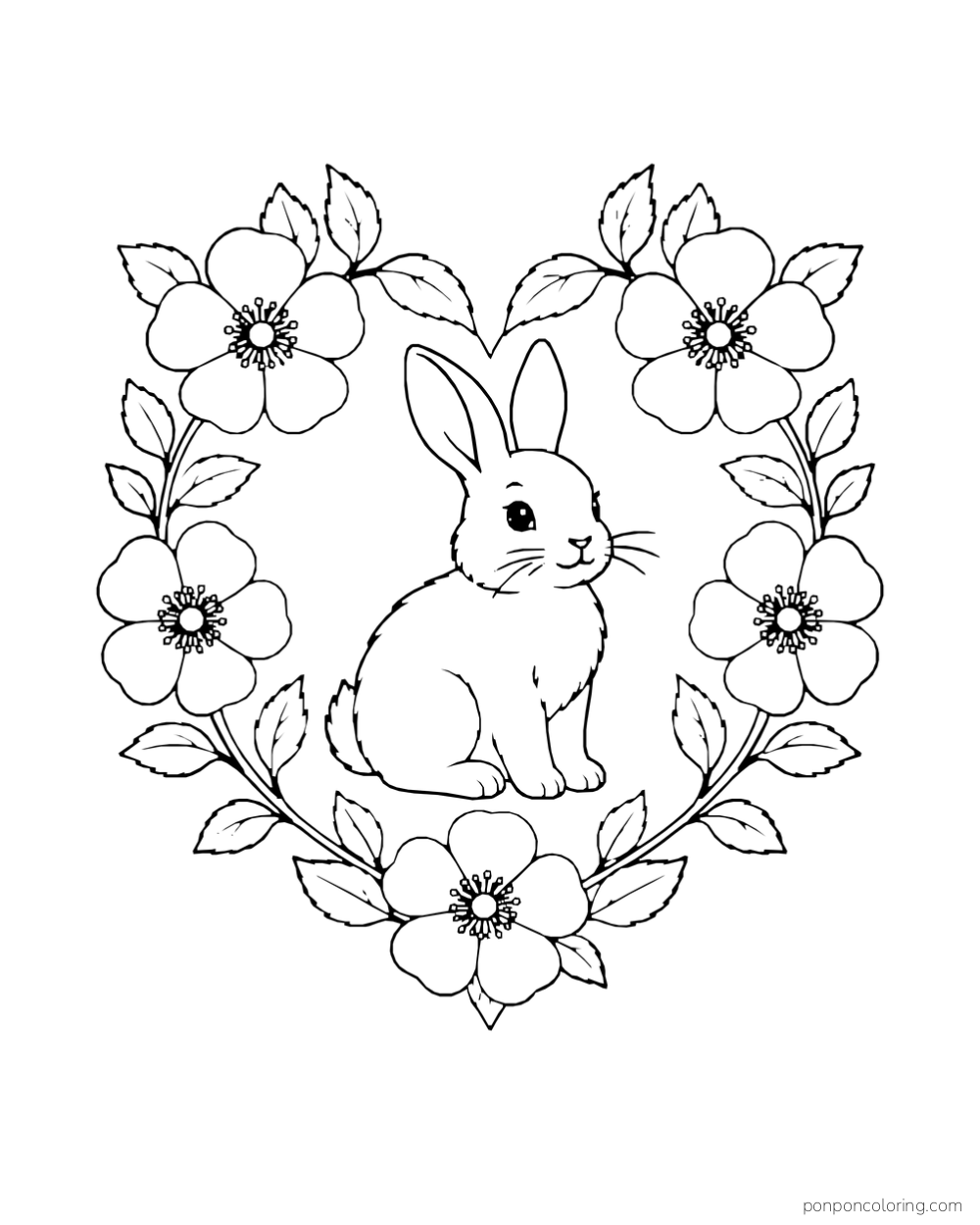 A sitting rabbit is framed by a heart-shaped wreath of broad-petaled flowers and leaves.