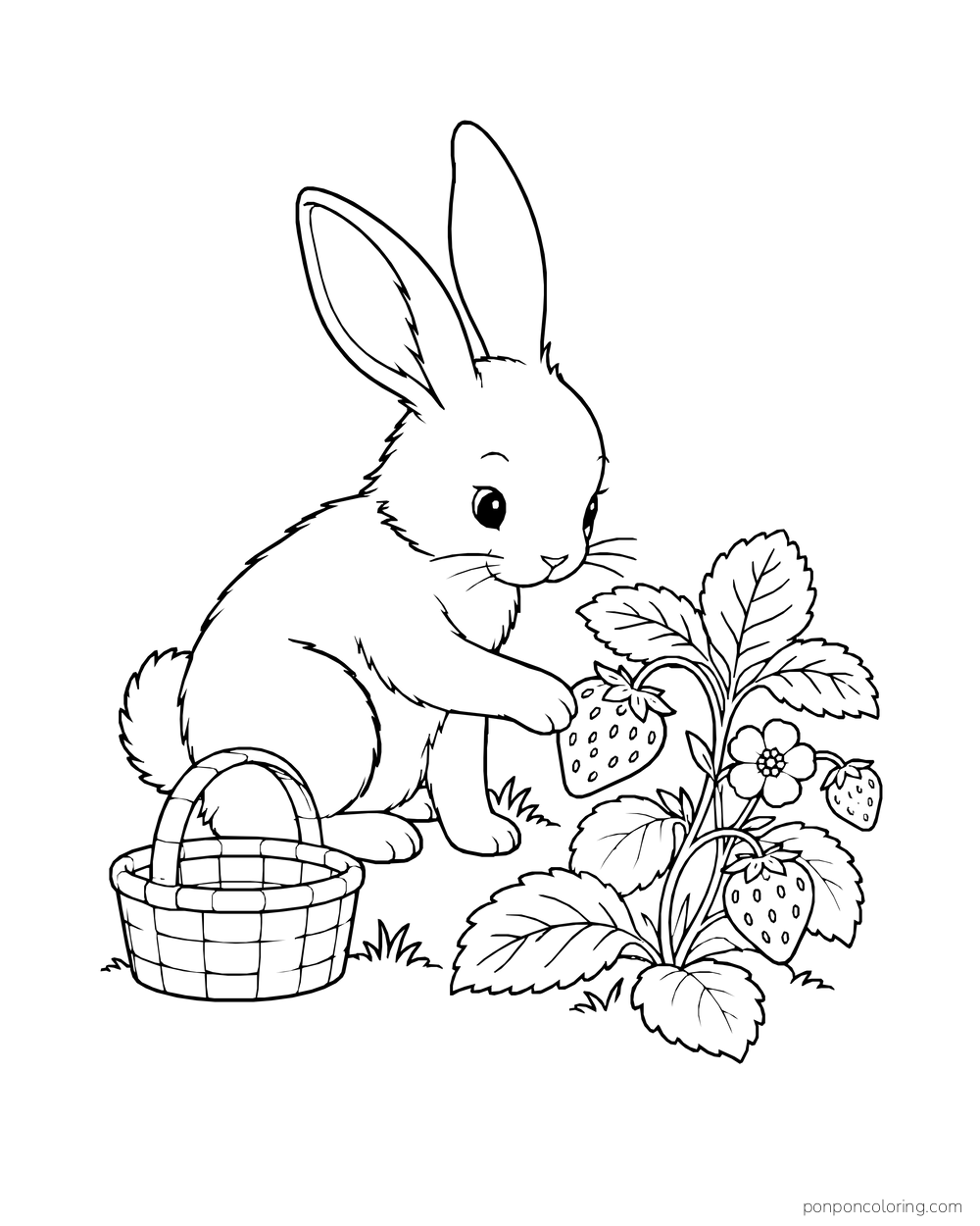 A rabbit kneels beside a strawberry plant and reaches toward one berry, with an empty basket nearby.