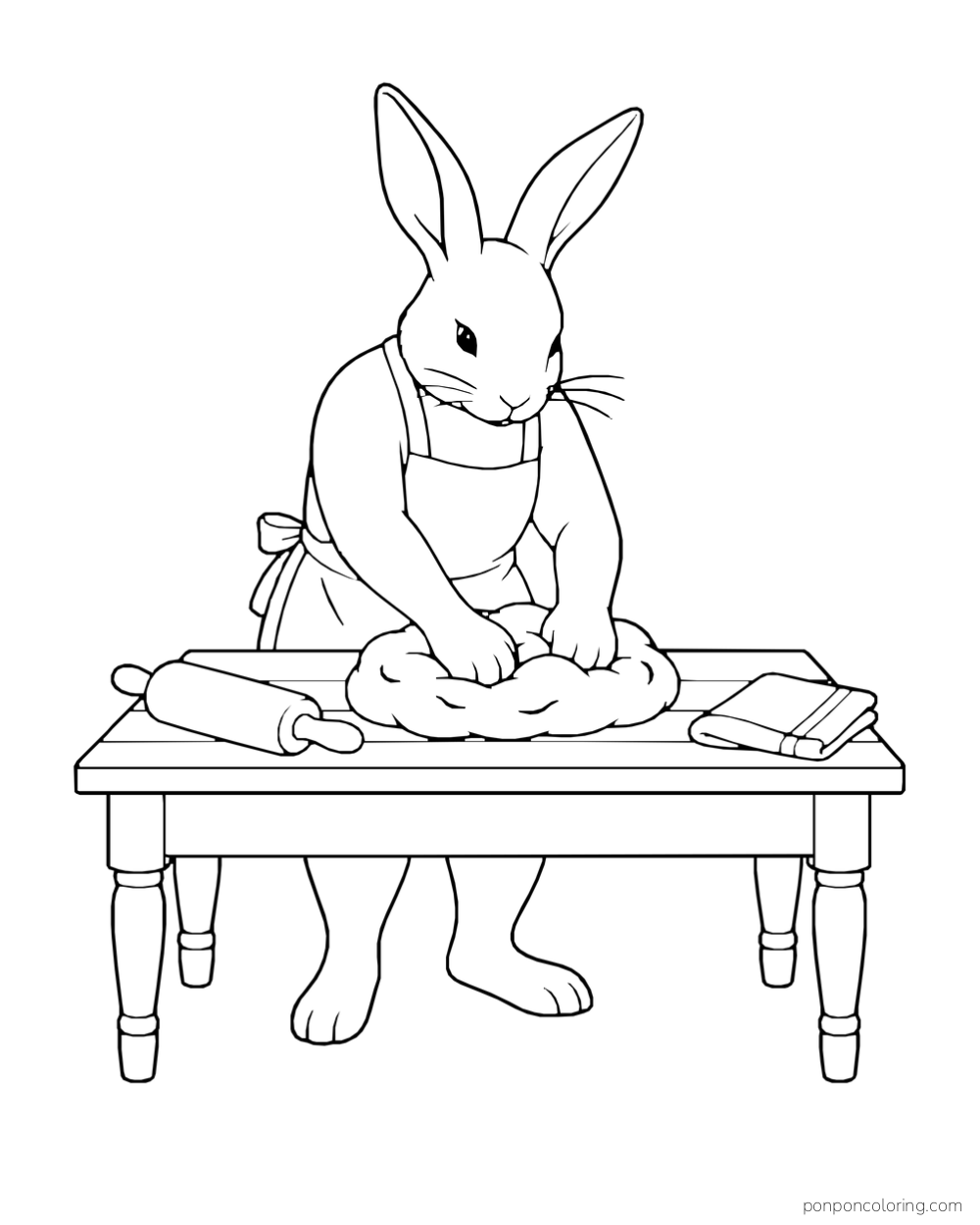 A rabbit in an apron kneads a mound of dough beside a rolling pin.