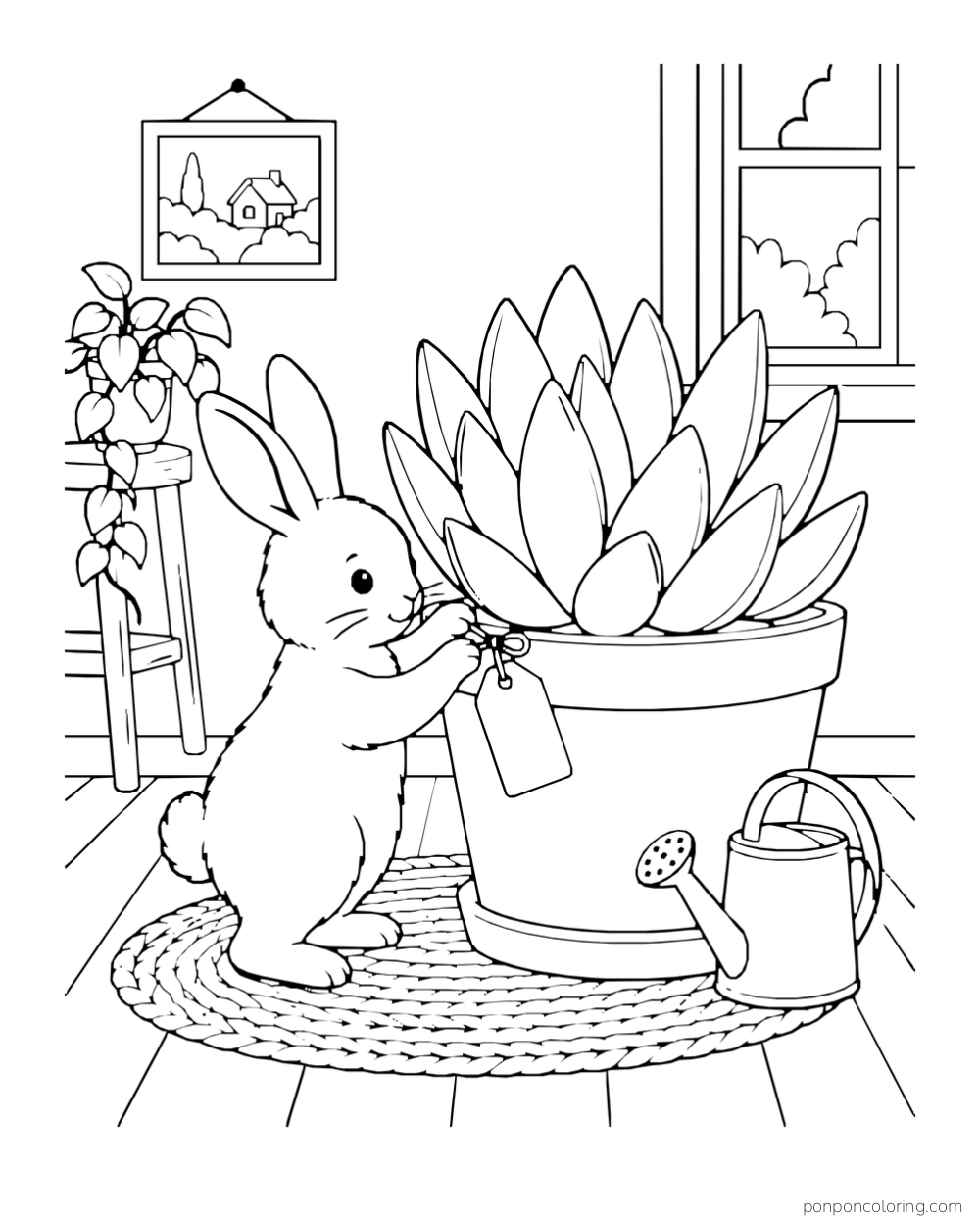 Rabbit tying a blank tag to a large pot of broad pointed succulent leaves beside a watering can.