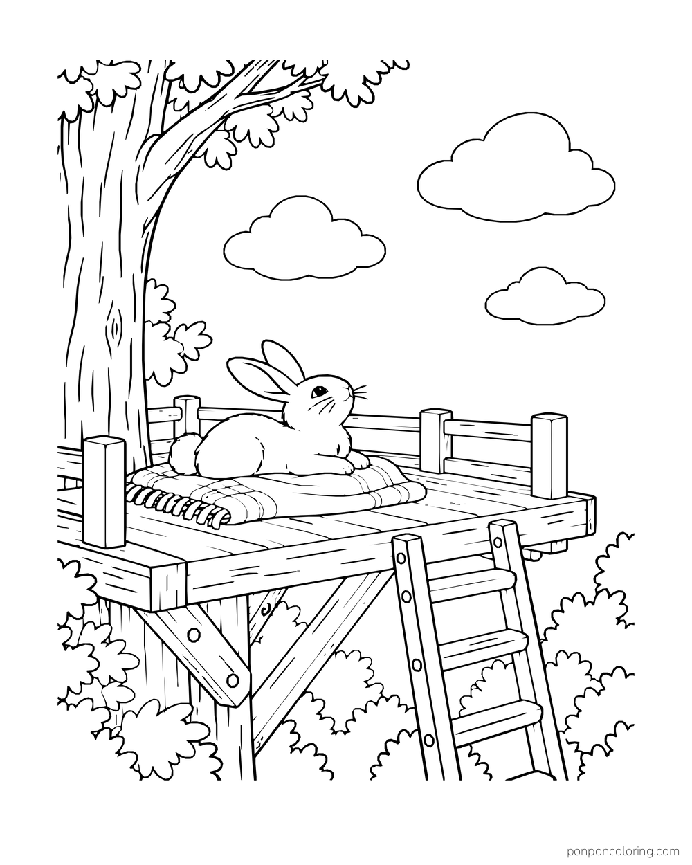 A rabbit lies on a blanket on an open treehouse platform, looking toward clouds.