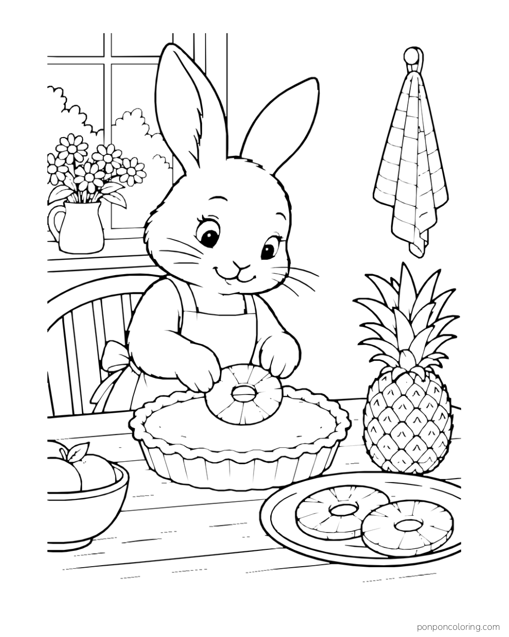 Rabbit placing a pineapple ring onto a pie crust beside a plate of rings and a whole fruit.