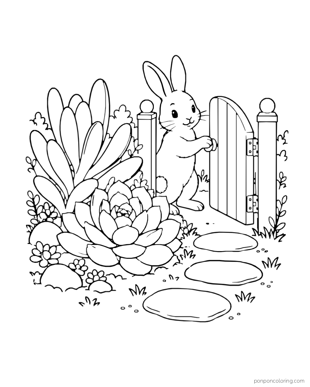 Rabbit at an open gate beside a large rosette and tall fleshy-leaf succulent in the ground.