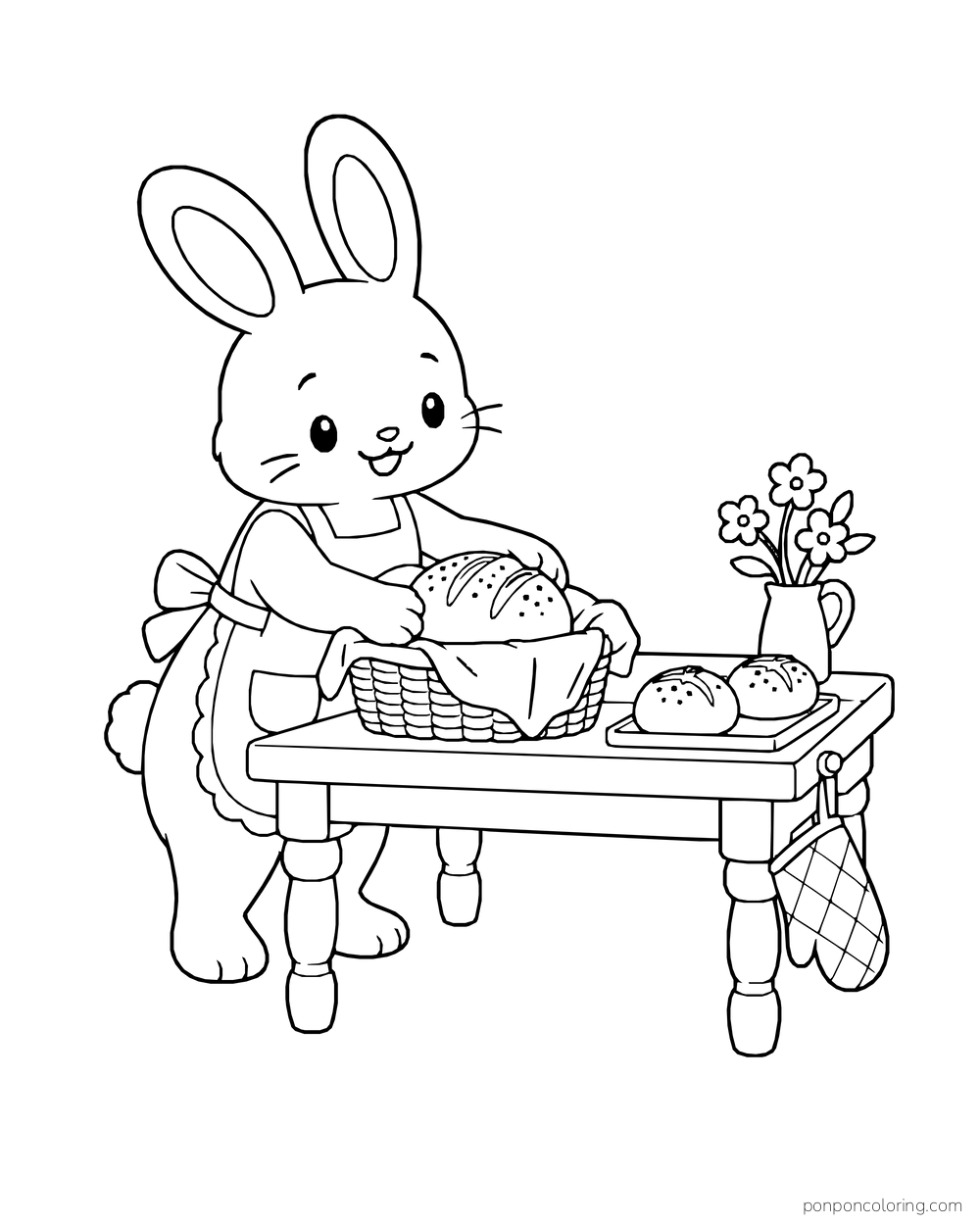 Rabbit baker placing a round loaf in a cloth-lined basket beside two buns.