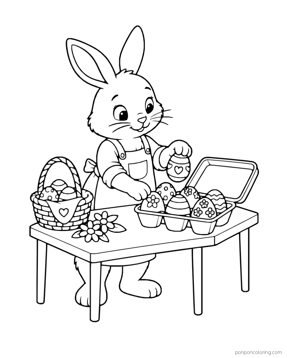 A rabbit in an apron packs patterned Easter eggs into a carton beside a basket and flowers.
