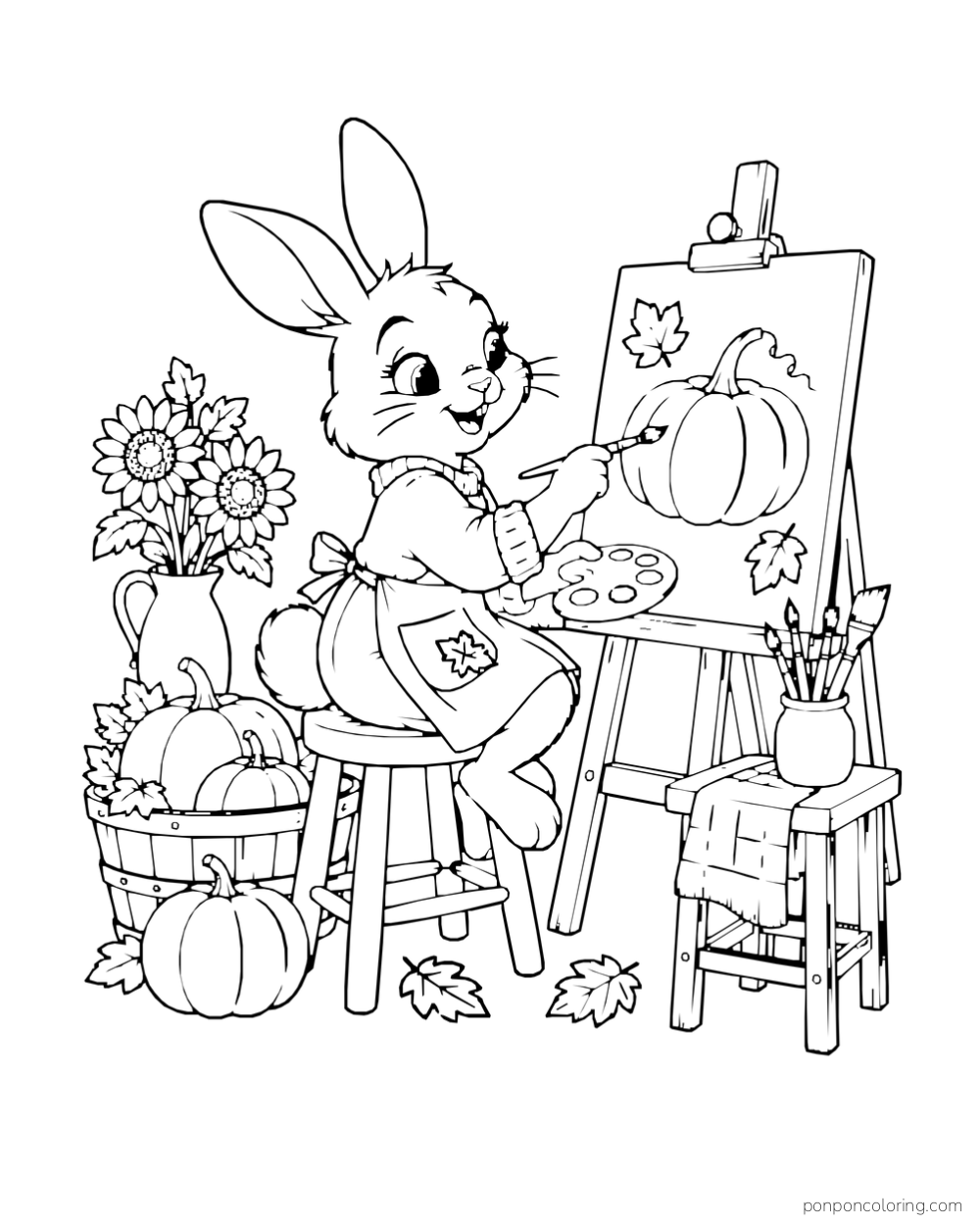 A rabbit on a stool paints a pumpkin at an easel beside flowers, pumpkins, and brushes.