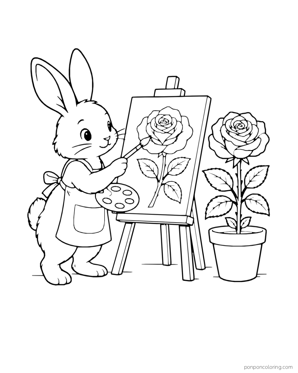 Rabbit with brush and palette painting a rose on an easel beside the real potted flower.