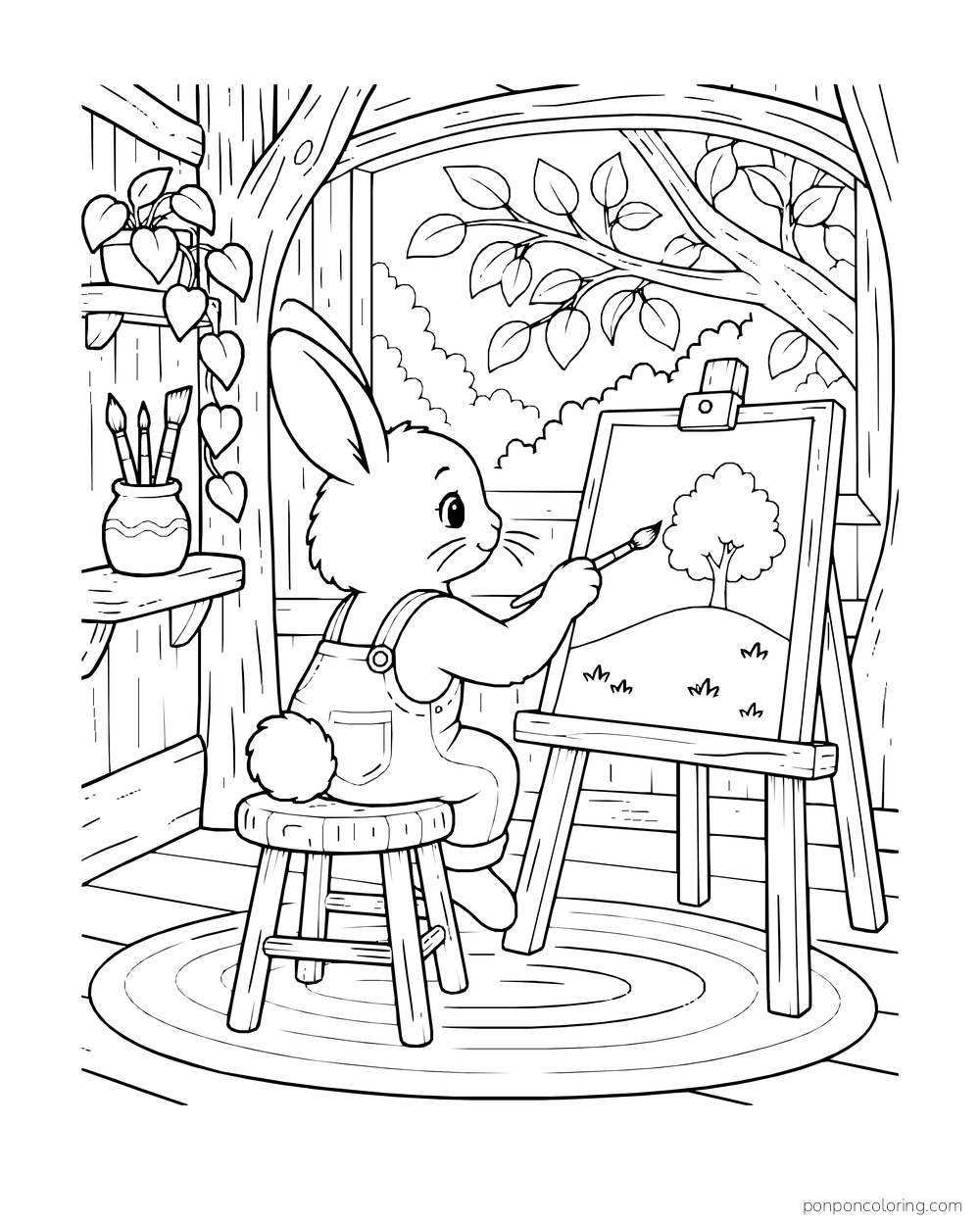 A rabbit paints a tree landscape at an easel inside a treehouse beside a broad branch window.
