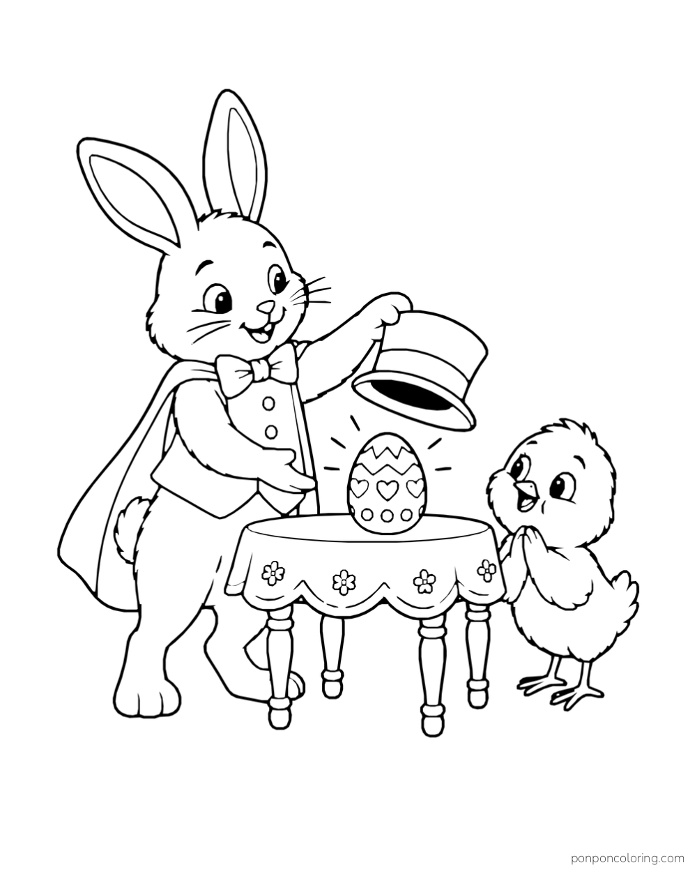 A rabbit magician lifts a top hat to reveal a patterned Easter egg while a chick watches.