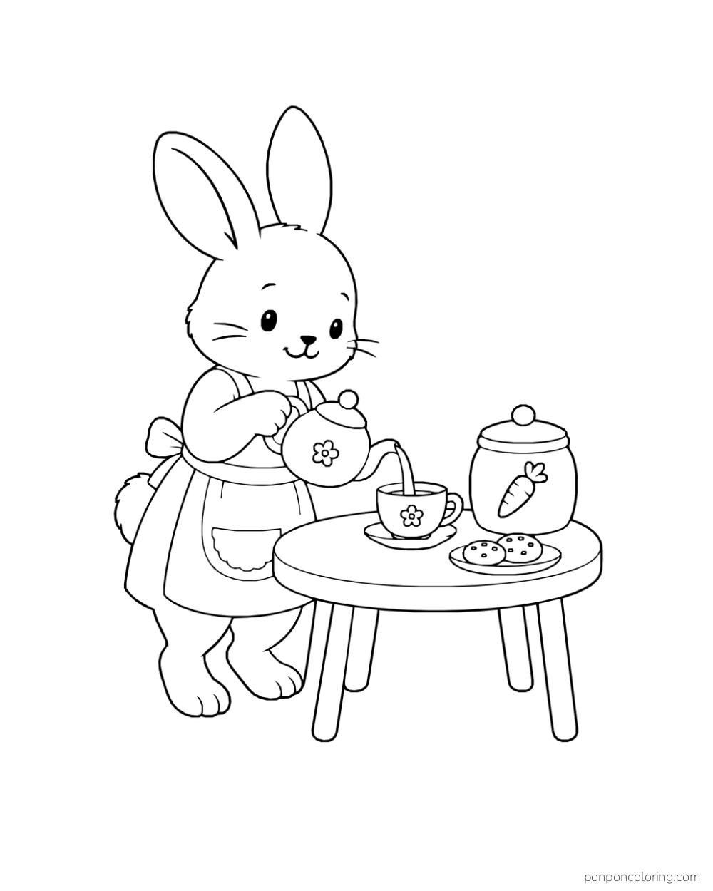 A rabbit in an apron pouring tea at a round table with two cookies and a carrot-marked jar.