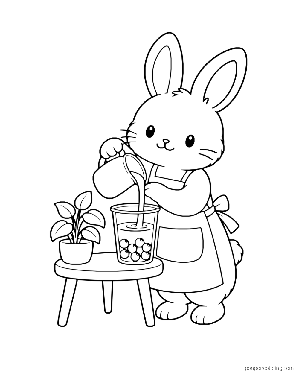 A rabbit in an apron pours tea from a small pitcher into a pearl-filled cup on a table.