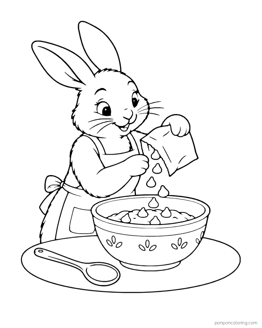 A rabbit pours chocolate chips into a mixing bowl on a table.