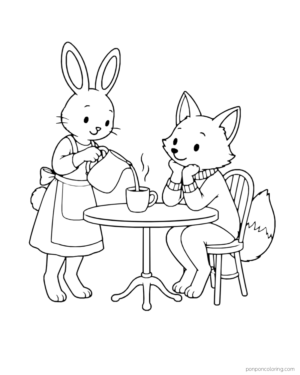 A rabbit pours a warm drink into a cup while a fox waits at a round table.