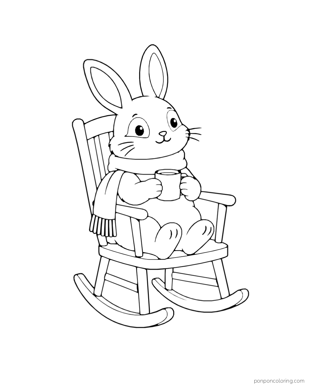 A rabbit wearing a scarf holds a mug while sitting in a wooden rocking chair.