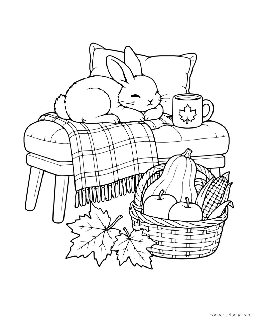 A sleeping rabbit on a cushioned bench with a plaid blanket and mug beside a basket of squash, apples and corn.