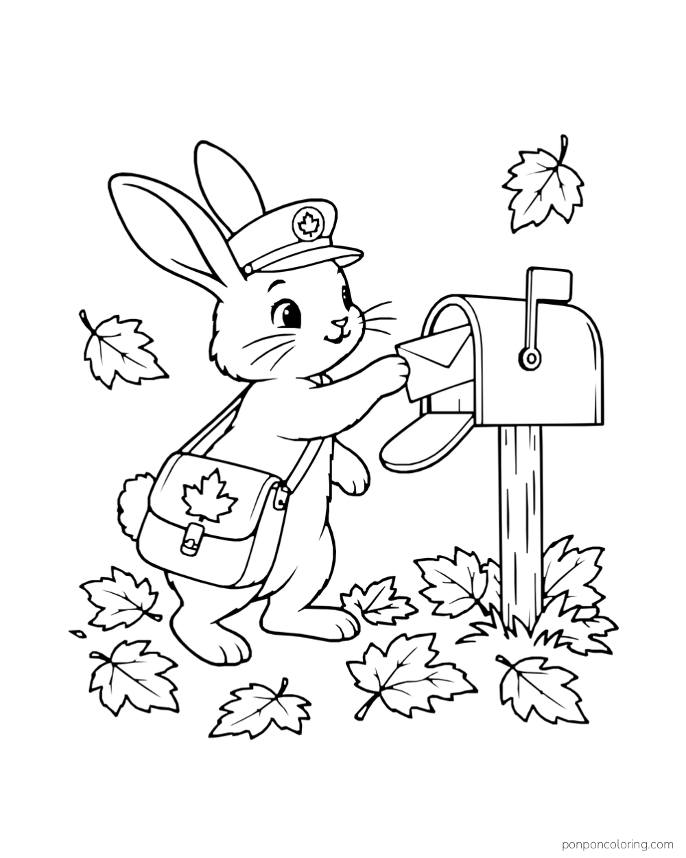 A rabbit postal worker places a letter in a mailbox among fallen leaves.