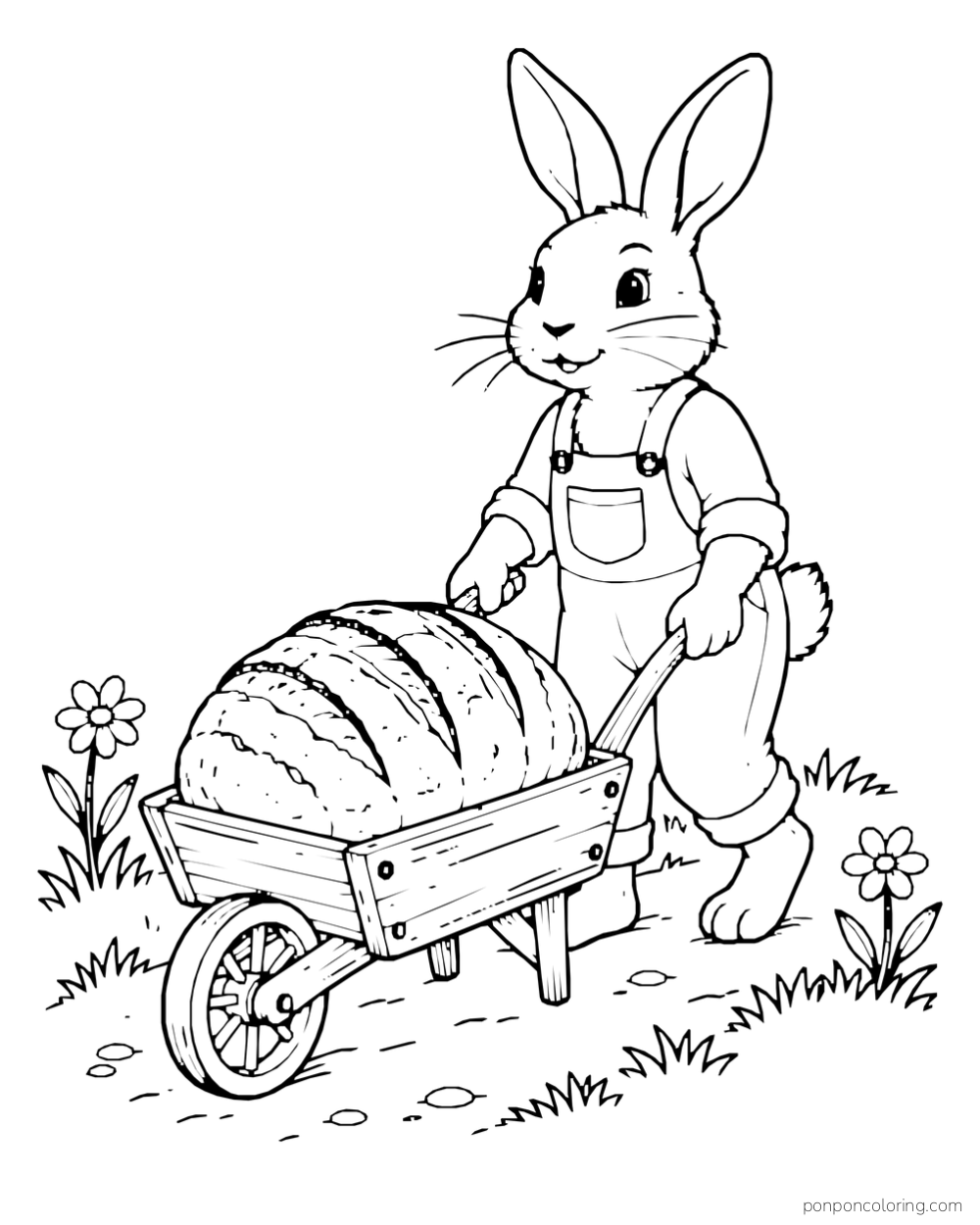 A rabbit pushes a small wheelbarrow carrying a large scored loaf past two flowers.