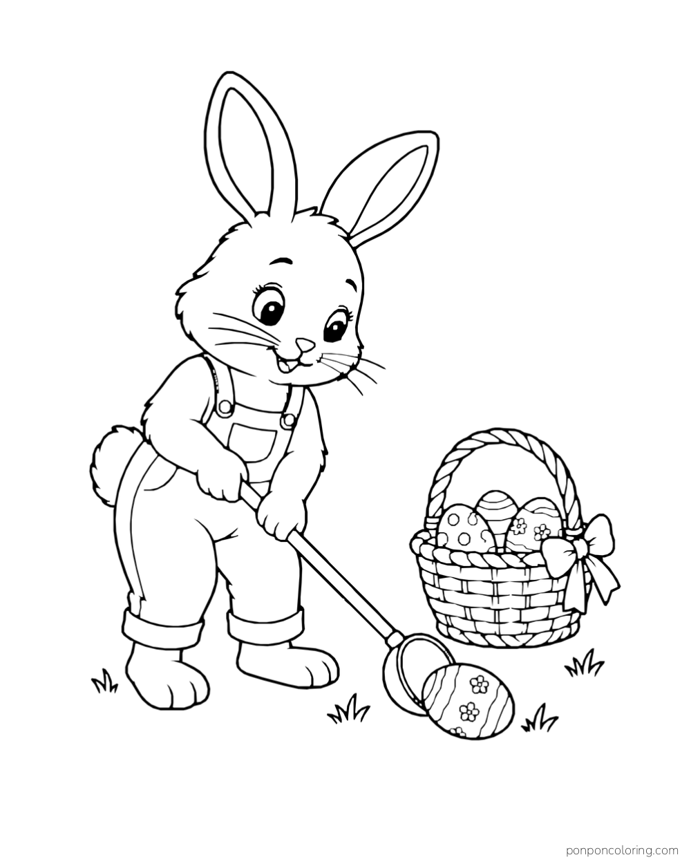 A rabbit in overalls uses a long-handled scoop to collect a decorated egg beside a full basket.