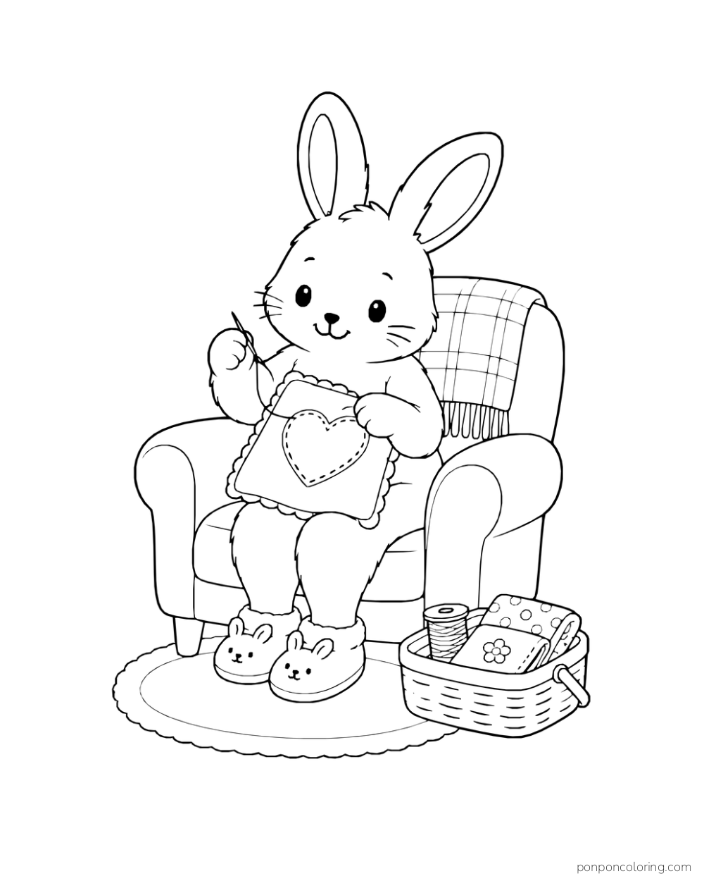 A rabbit in bunny slippers sewing a heart patch onto a cushion in an armchair beside a basket of fabric and thread.