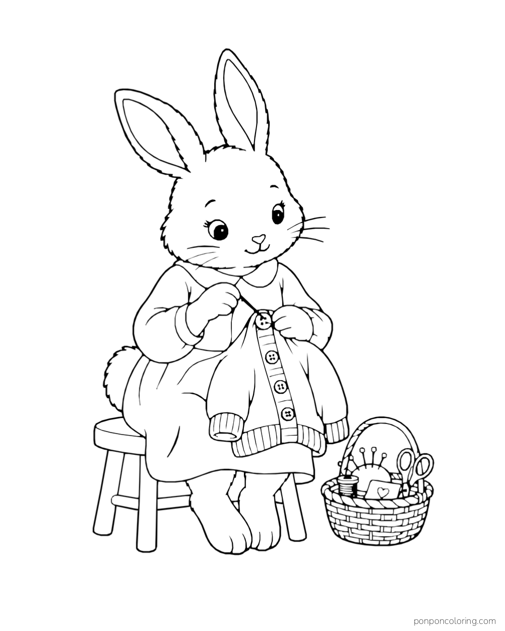 A rabbit sits on a stool sewing a button onto a cardigan beside a basket of sewing supplies.