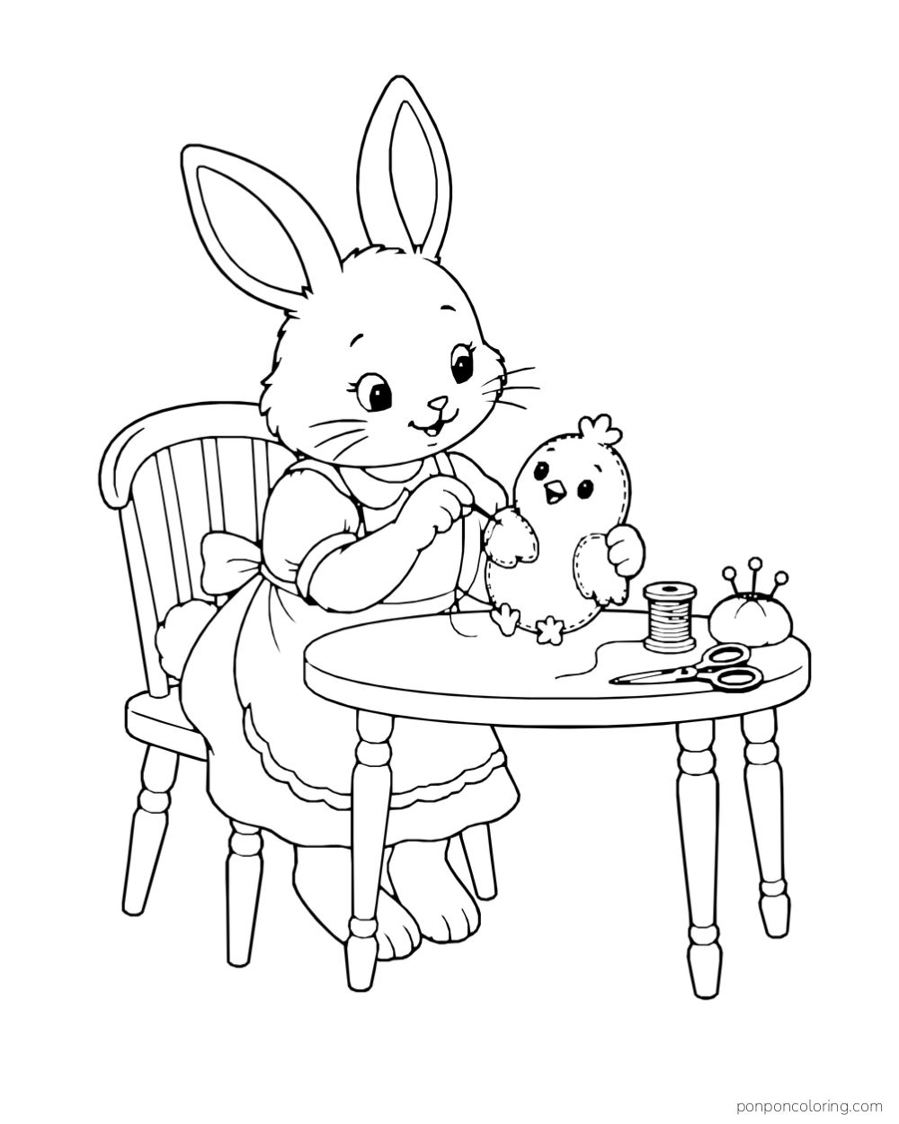 A rabbit sews a felt chick at a table with scissors, a thread spool and a pincushion.