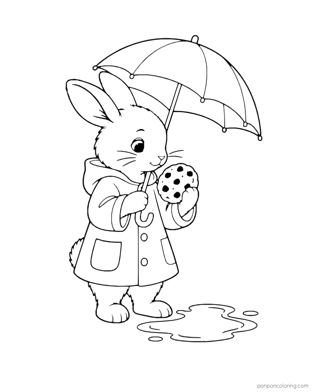 A rabbit in a raincoat holds a round cookie beneath an umbrella beside a puddle.