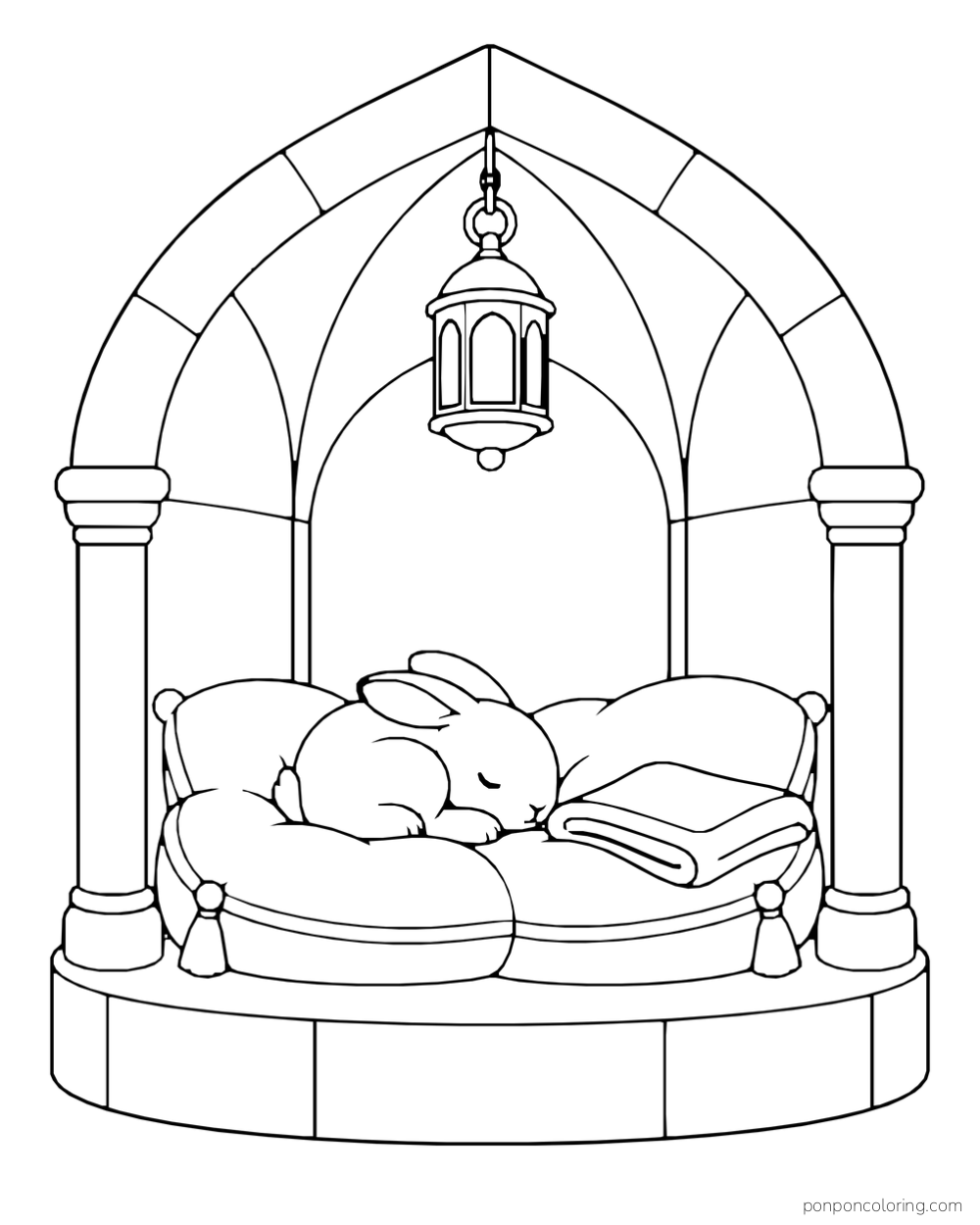 A rabbit curled up on cushions beside a folded blanket in an arched stone alcove with a hanging lantern.