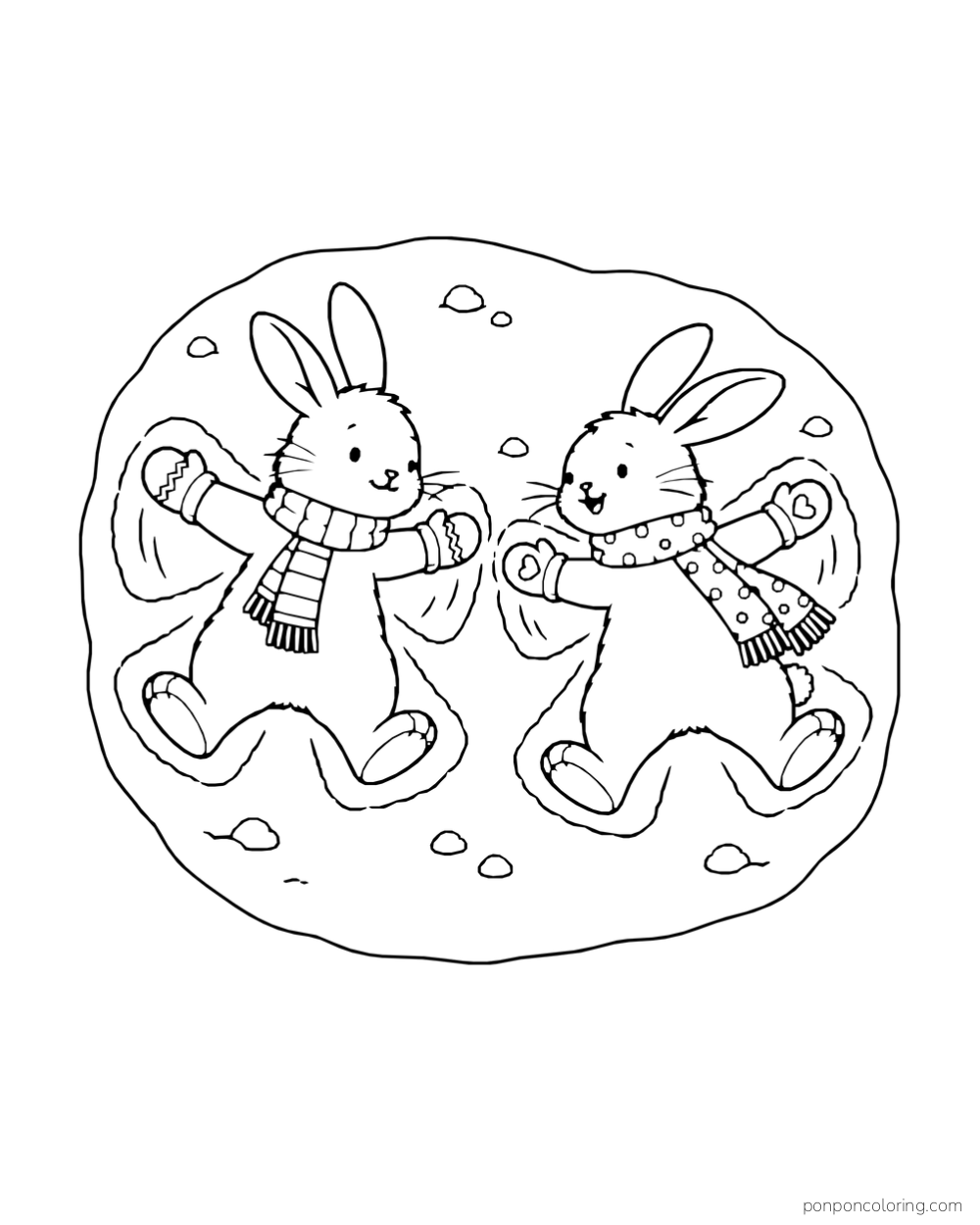 Two rabbits in scarves and mittens make snow angels side by side.