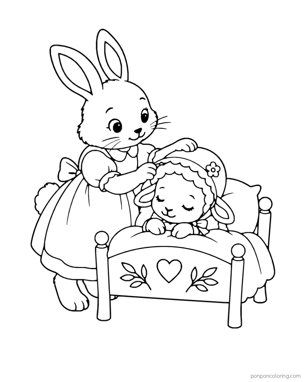A rabbit in a dress adjusts the bonnet of a sleeping lamb tucked into a small decorated bed.