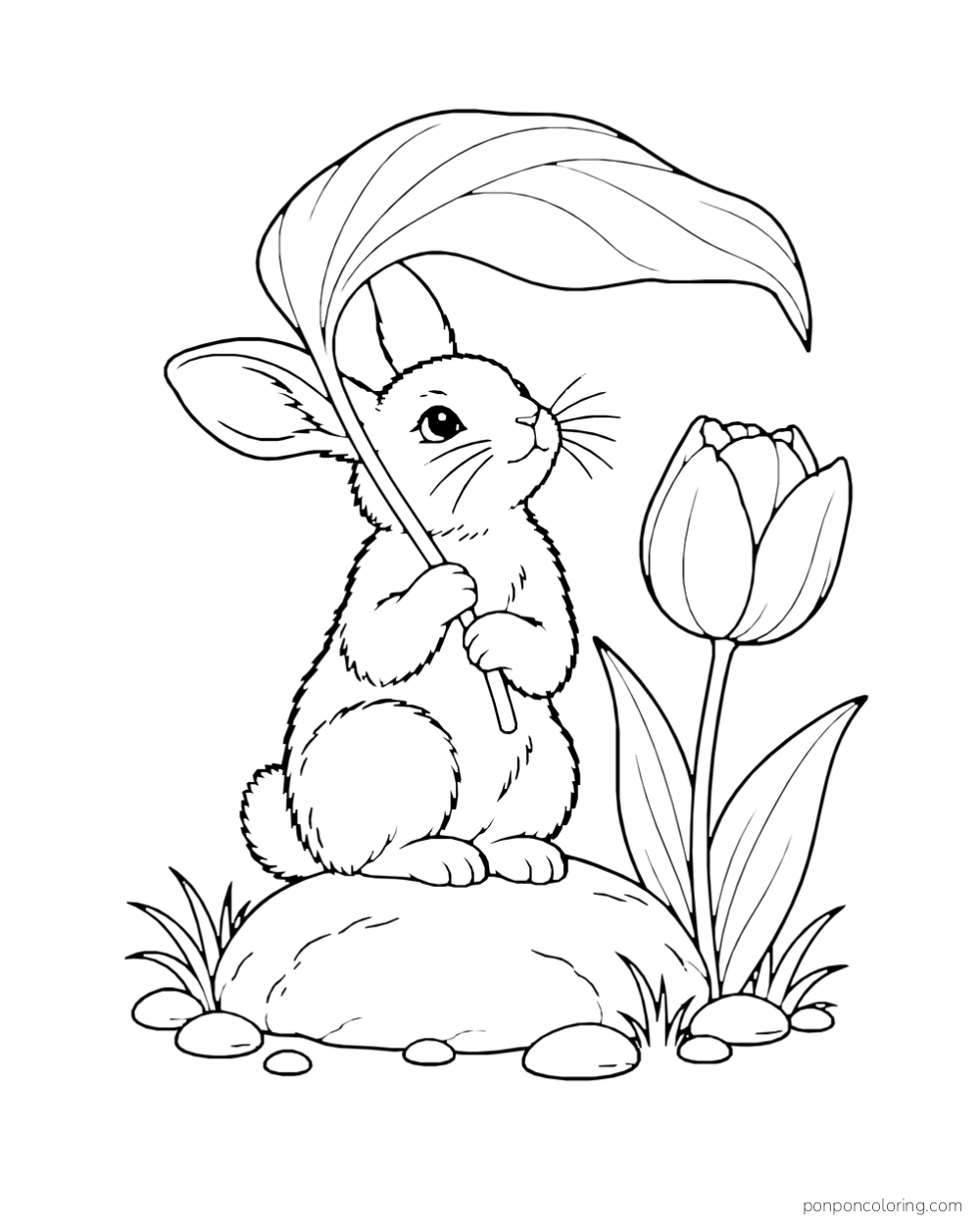 A rabbit on a pebble holding a large leaf overhead beside one tulip.