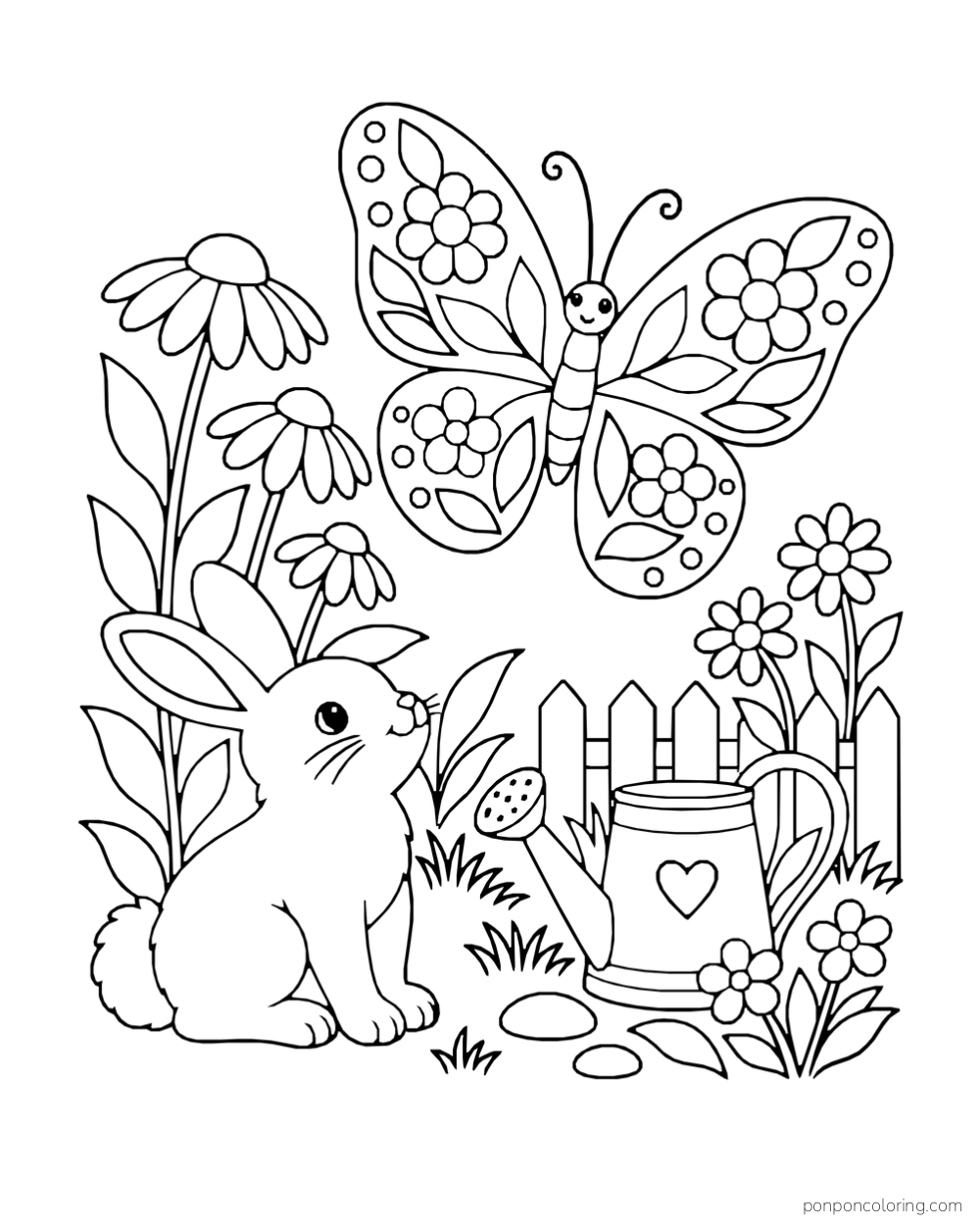 A rabbit looks up at a large butterfly with flower-patterned wings beside daisies, a short fence, and a watering can.