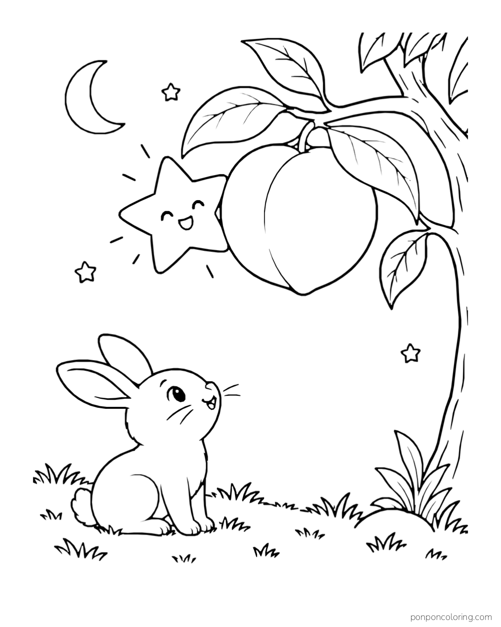 Rabbit below a peach branch looking up at a smiling star beside the fruit.
