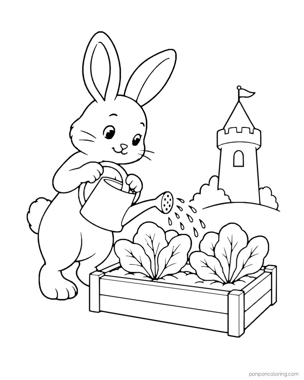 A rabbit watering leafy plants in a raised garden bed, with a small castle tower in the distance.