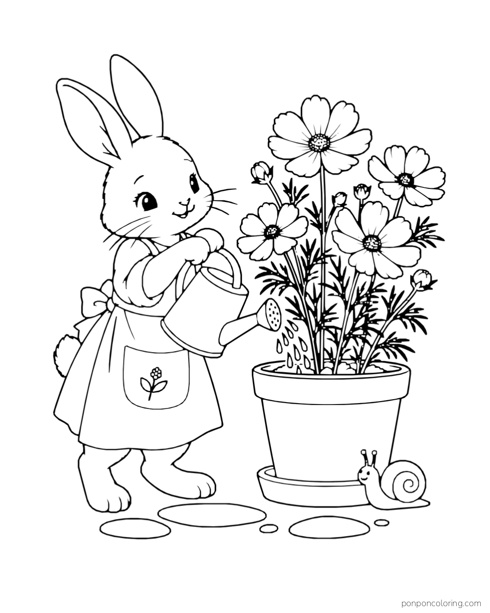 A rabbit in an apron waters a pot of cosmos while a snail sits beside the pot.